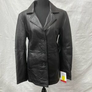 Excelled collection, black leather jacket, NWT, quilt lining, large w/scarf
